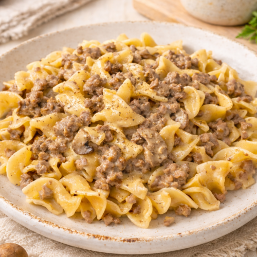 Creamy beef noodles with mushrooms, beef stroganoff