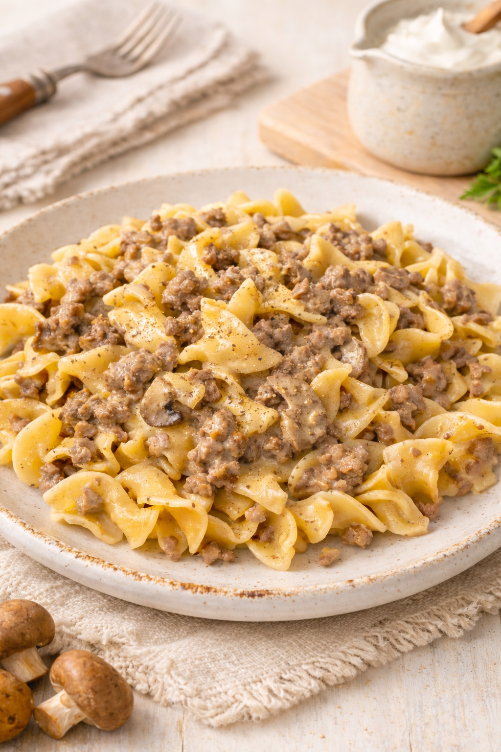 Creamy beef noodles with mushrooms, beef stroganoff